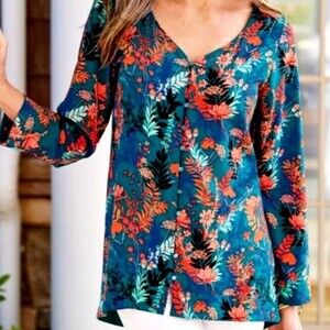 Soft Surroundings Teal/Coral Multi Floral Hi-Lo Nova Tunic Blouse Size Large